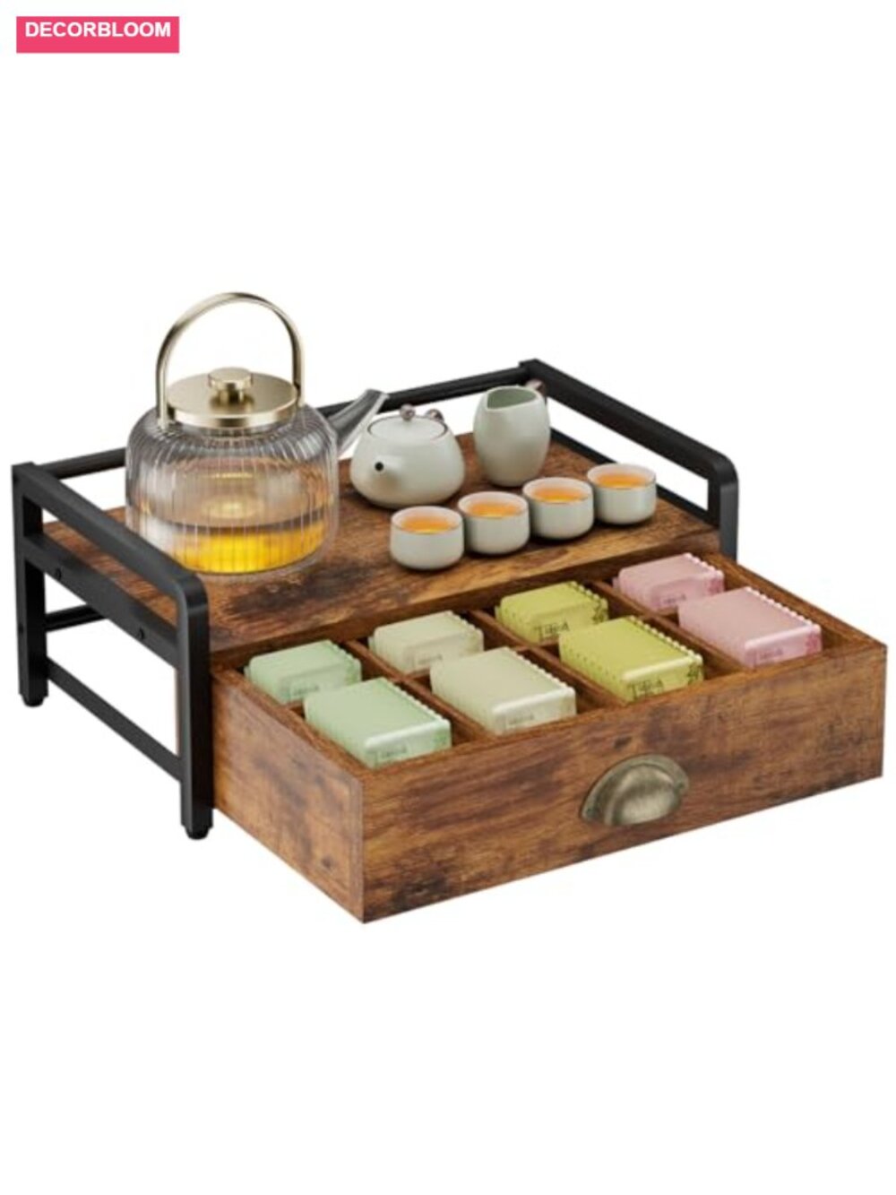 2-Tier Tea Bag Organizer 8 Compartment Wooden Storage Box with Drawer